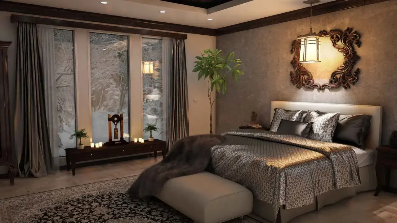 Chambre cosy avec lit king size, parure de lit motif g&eacute;om&eacute;trique, vue sur neige. Parfait pour une taille parure de lit pour lit 140x190.