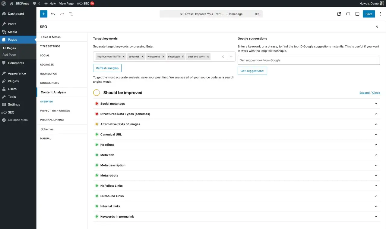 Interface SEO WordPress avec analyse de contenu. Mots-clés cibles :