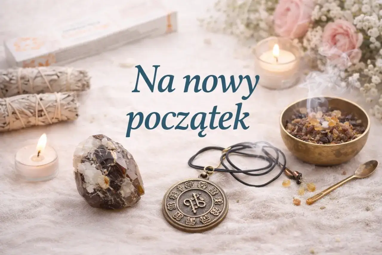 Biała świeca znaczenie: rytuał na nowy początek. Dym z kadzidła, kryształ i amulet tworzą mistyczną atmosferę.