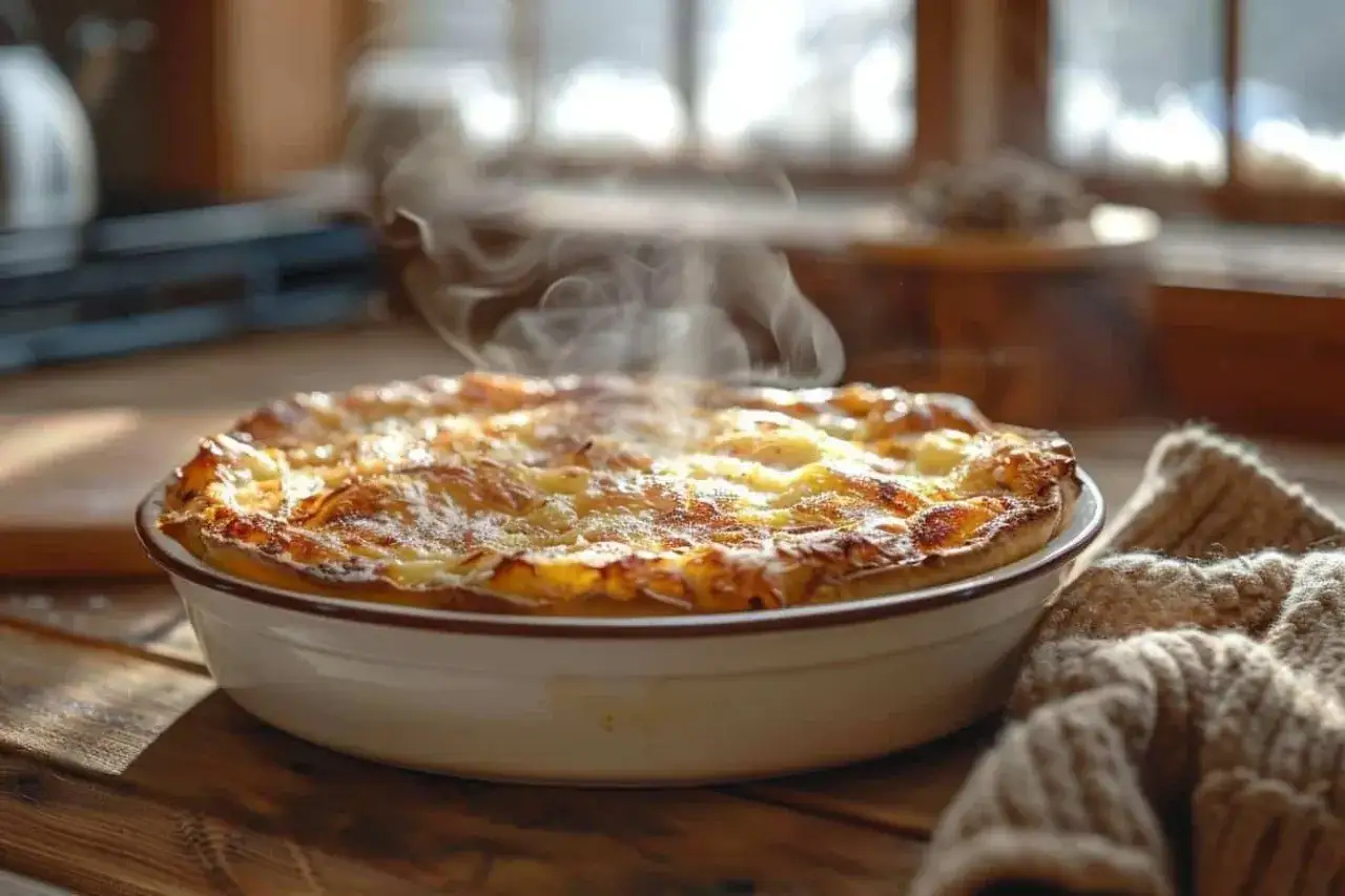 Plat gratiné et fumant, prêt à être dégusté. Idéal pour savoir à quelle température faire réchauffer un plat au four.