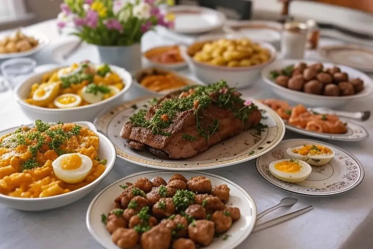 Ett generöst påskbord med mat som köttbullar, lax, ägg och Janssons frestelse. En festlig dukning för påskfirande.