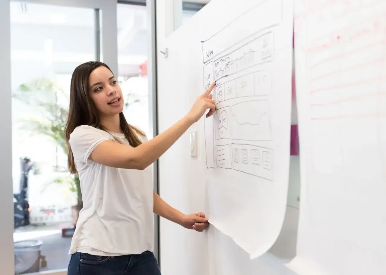 Giovane donna spiega uno schema di wireframe, forse per definire i buoni propositi di un progetto.
