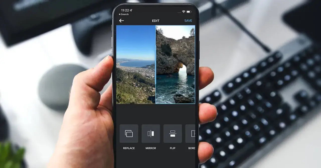 Jak połączyć dwa zdjęcia iPhone: ekran telefonu z widokiem edycji, gdzie obok siebie umieszczono dwa krajobrazy.