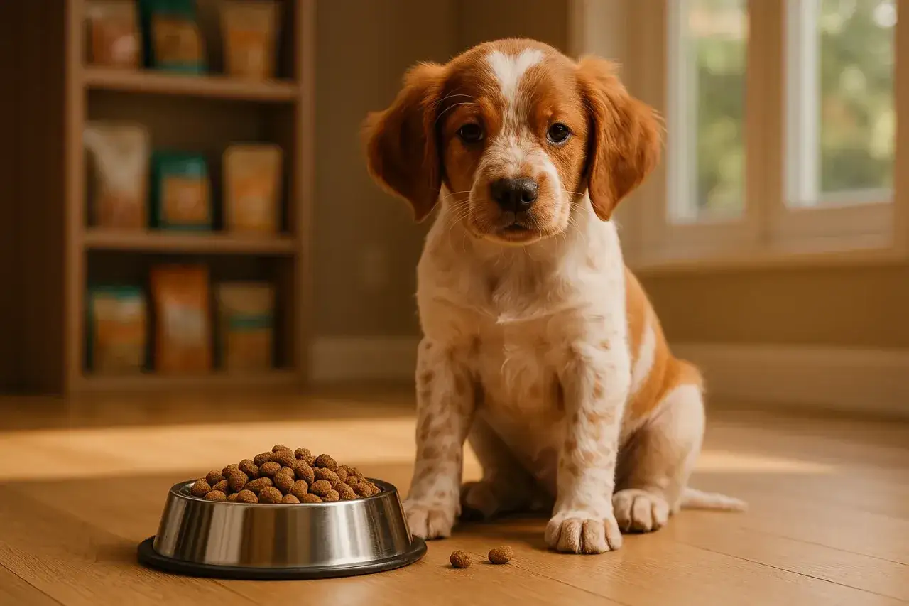 Un chiot Épagneul Breton attend patiemment sa gamelle de croquettes. Une image qui illustre bien l'alimentation de cet Épagneul Breton.