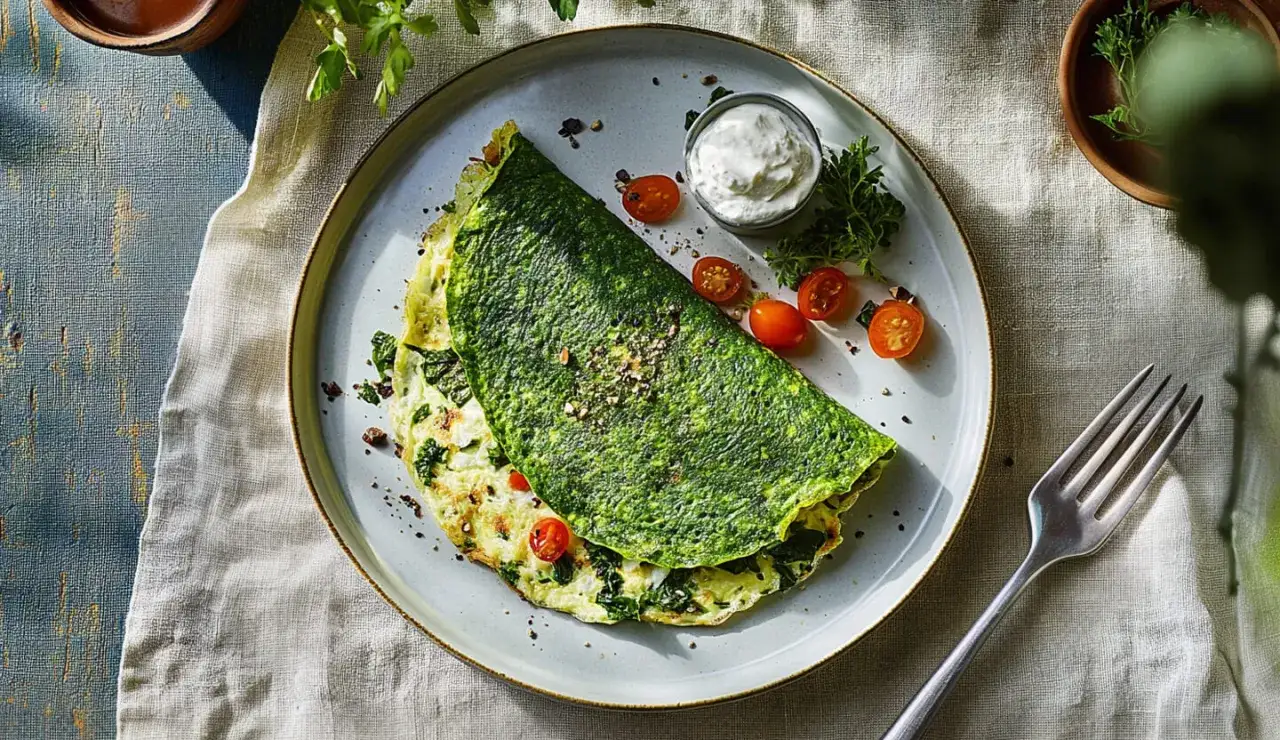 Zielony omlet ze szpinakiem, podany z pomidorkami koktajlowymi i jogurtem. Pyszne i zdrowe śniadanie.