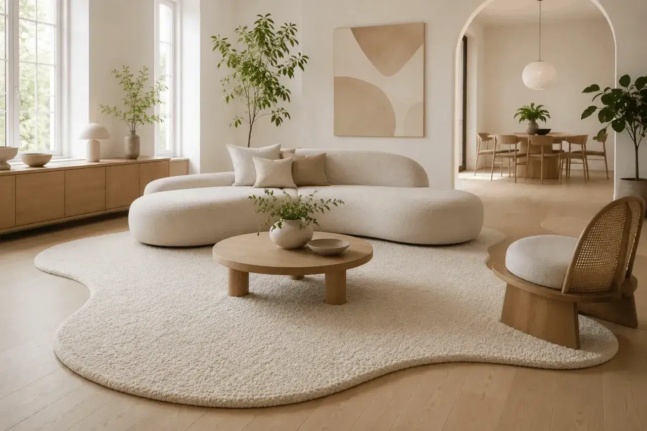 En ljus och luftig lounge med en böljande soffa och ett oregelbundet format, tjockt vitt **organiska former**-inspirerat mattan.