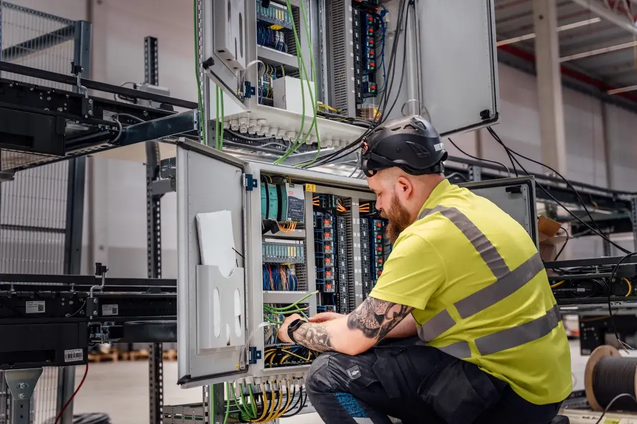 Doświadczony elektryk przemysłowy pracuje przy panelu sterowania, podłączając przewody.