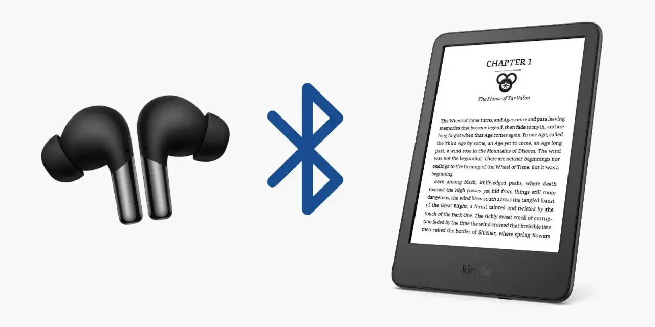 Écouteurs noirs sans fil connectés à un Kindle via bluetooth pour une lecture immersive.
