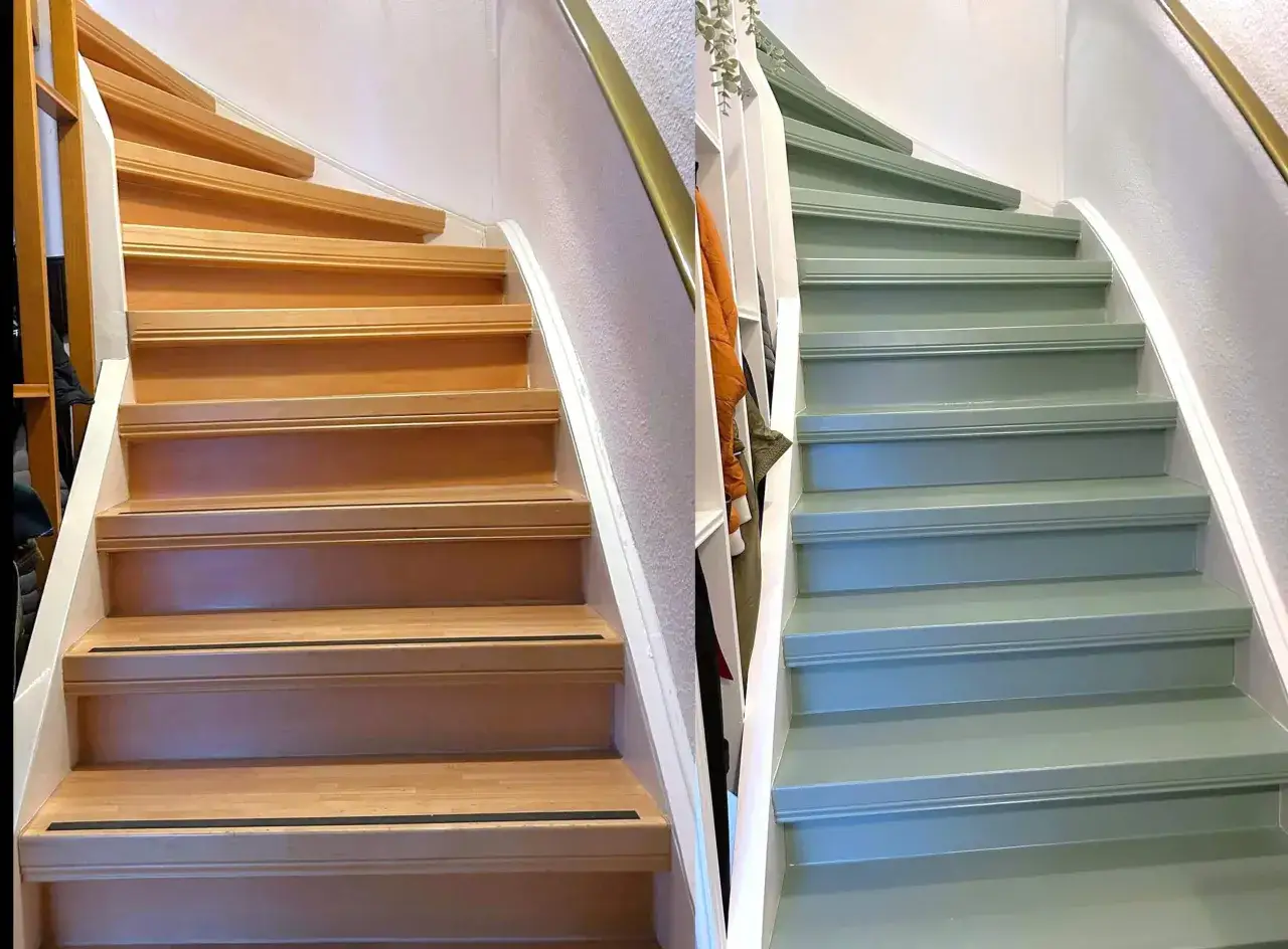 Vorher-Nachher-Vergleich: Eine hölzerne Wendeltreppe wurde renoviert und erstrahlt nun in einem frischen Grünton.