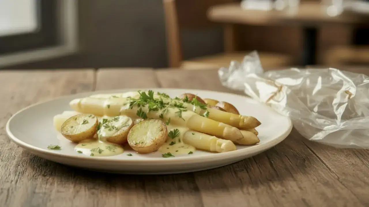 Spargel im Bratschlauch mit Sauce Hollandaise und Kartoffeln, garniert mit Petersilie.