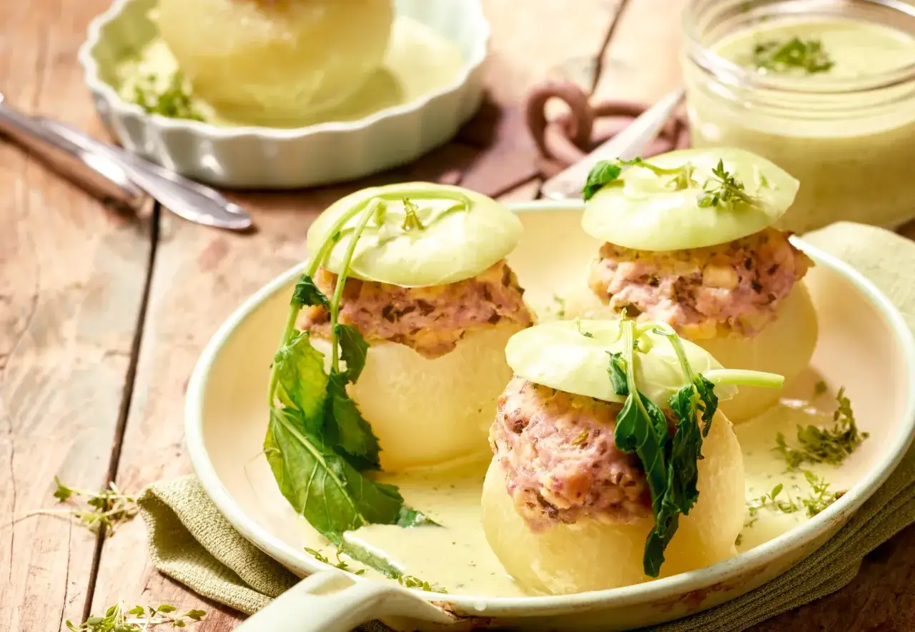 Gefüllte Kohlrabi, gekocht und mit einer cremigen Sauce serviert. Ein köstliches Gericht, das zeigt, wie vielseitig Kohlrabi ist.