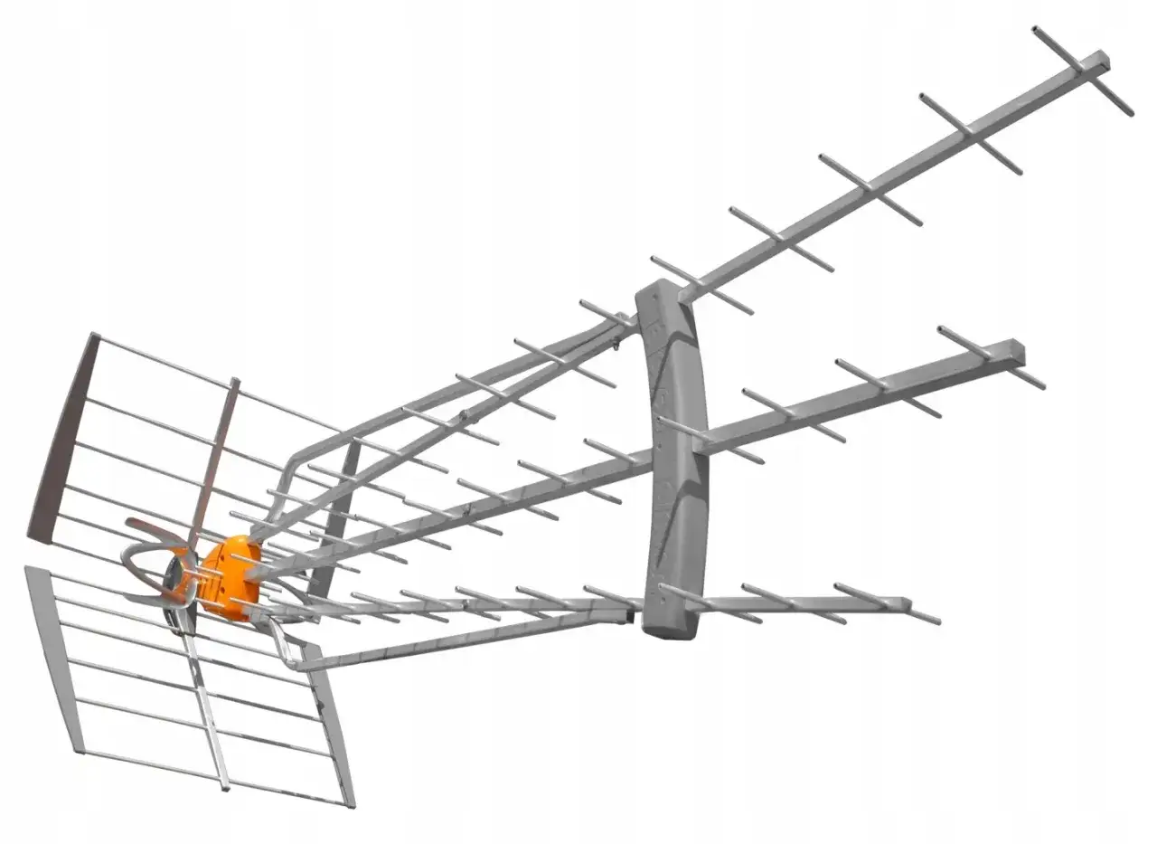 Antena DVB-T z pomarańczowym elementem, gotowa do optymalnego ustawienia. Mapa sygnału pomoże wybrać najlepsze miejsce.