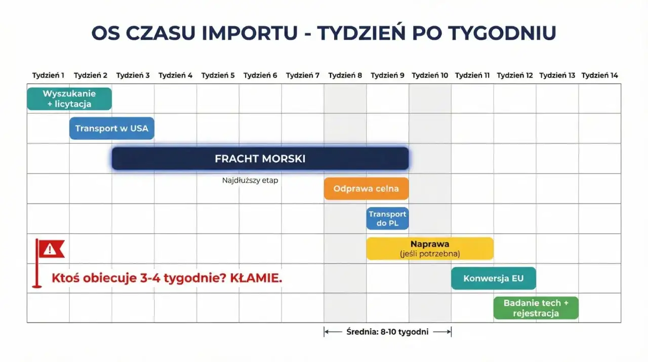 Harmonogram importu amerykańskich samochodów: wyszukiwanie, transport w USA, fracht morski, odprawa celna, transport do PL, konwersja EU, badanie techniczne i rejestracja. Średnio 8-10 tygodni.