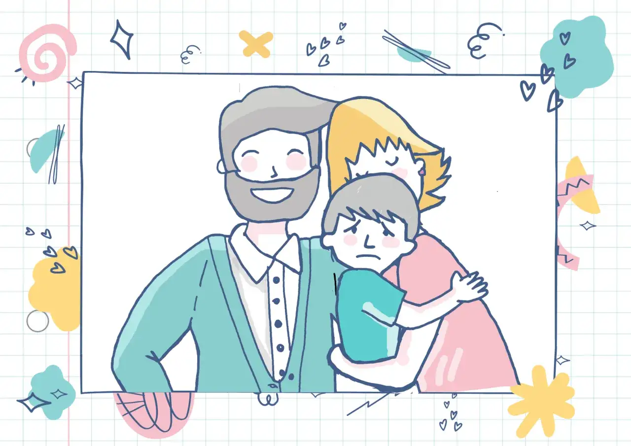 Ilustraci&oacute;n de una familia: padre sonriente, madre abrazando a un ni&ntilde;o con expresi&oacute;n triste. Refleja el apego infantil y la seguridad familiar.