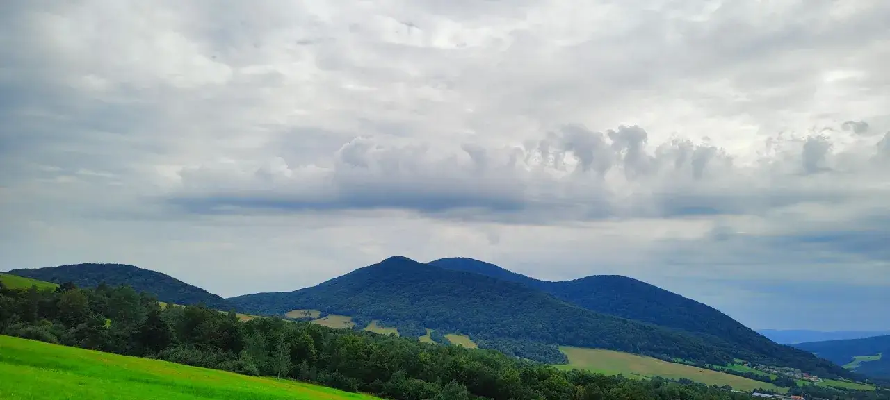 Zielone wzg&oacute;rza i zalesione g&oacute;ry Beskidu Niskiego pod pochmurnym niebem. W oddali majaczy najwyższy szczyt Beskidu Niskiego.