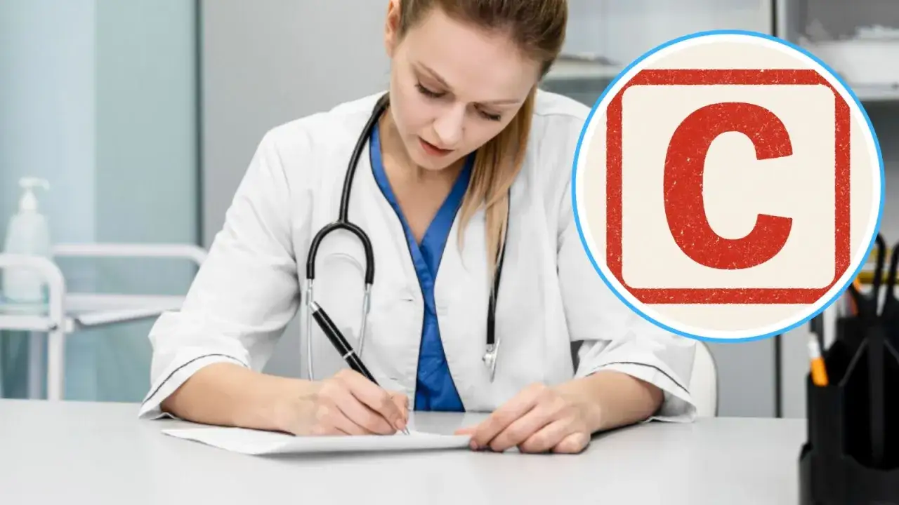 Lekarka pisze receptę, na której widnieje litera C, sugerująca kod c na L4.