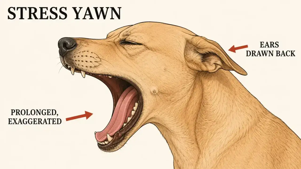 Un perro bosteza exageradamente, con las orejas hacia atrás. Esto explica porque bostezan los perros, a menudo por estrés.