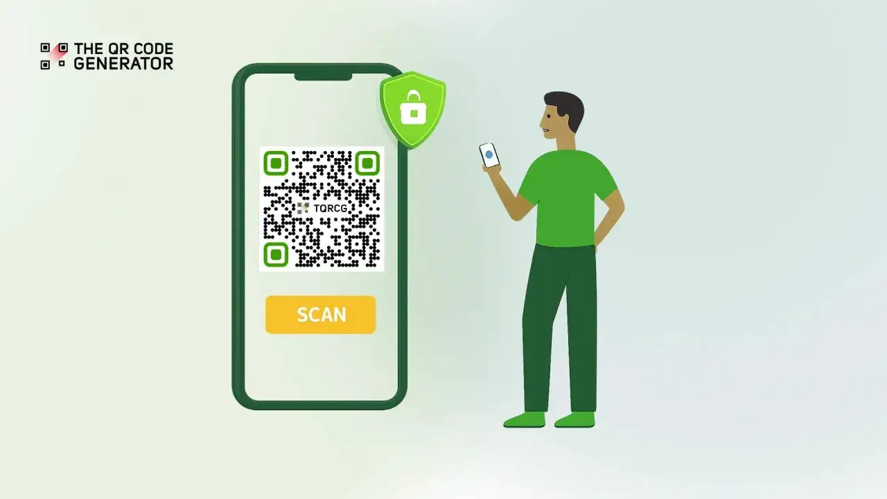 Mężczyzna skanuje telefonem kod QR, który jest kluczem do bezpiecznego dostępu. To jest kod QR.