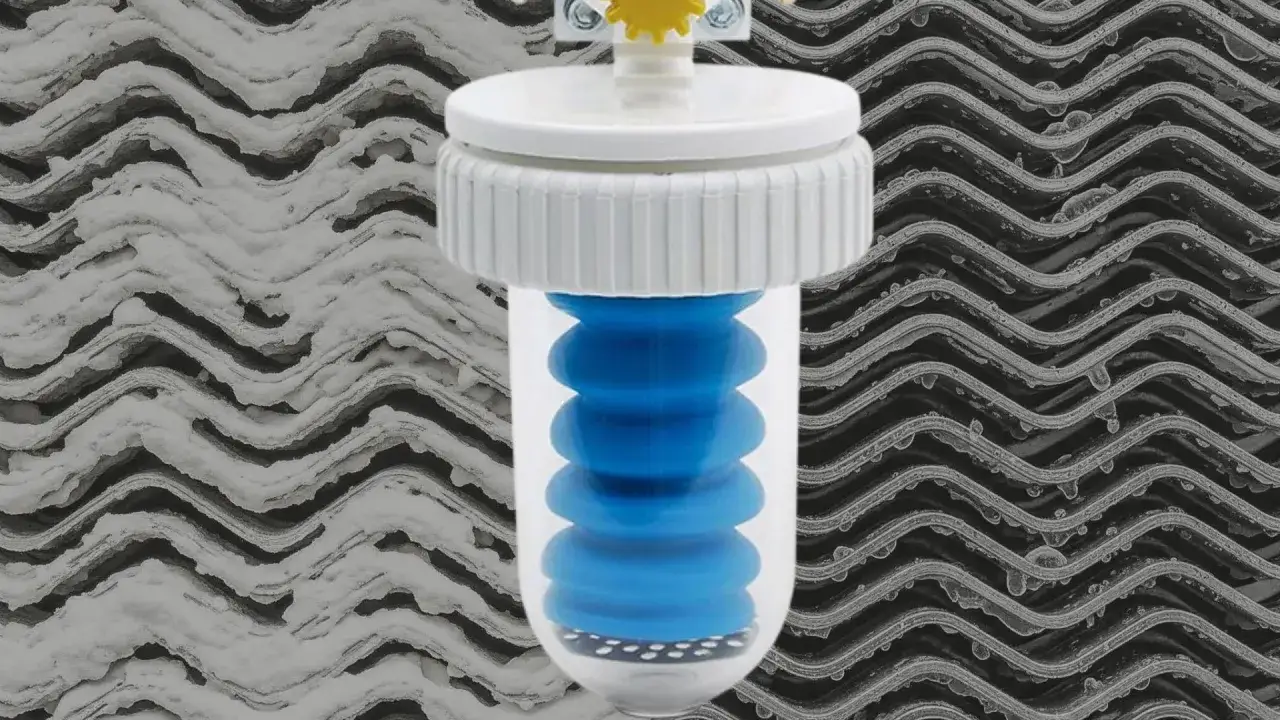 Cartuccia di polifosfati blu in un filtro trasparente, con sfondo ondulato. Utile per capire quanto dura una cartuccia di polifosfati.