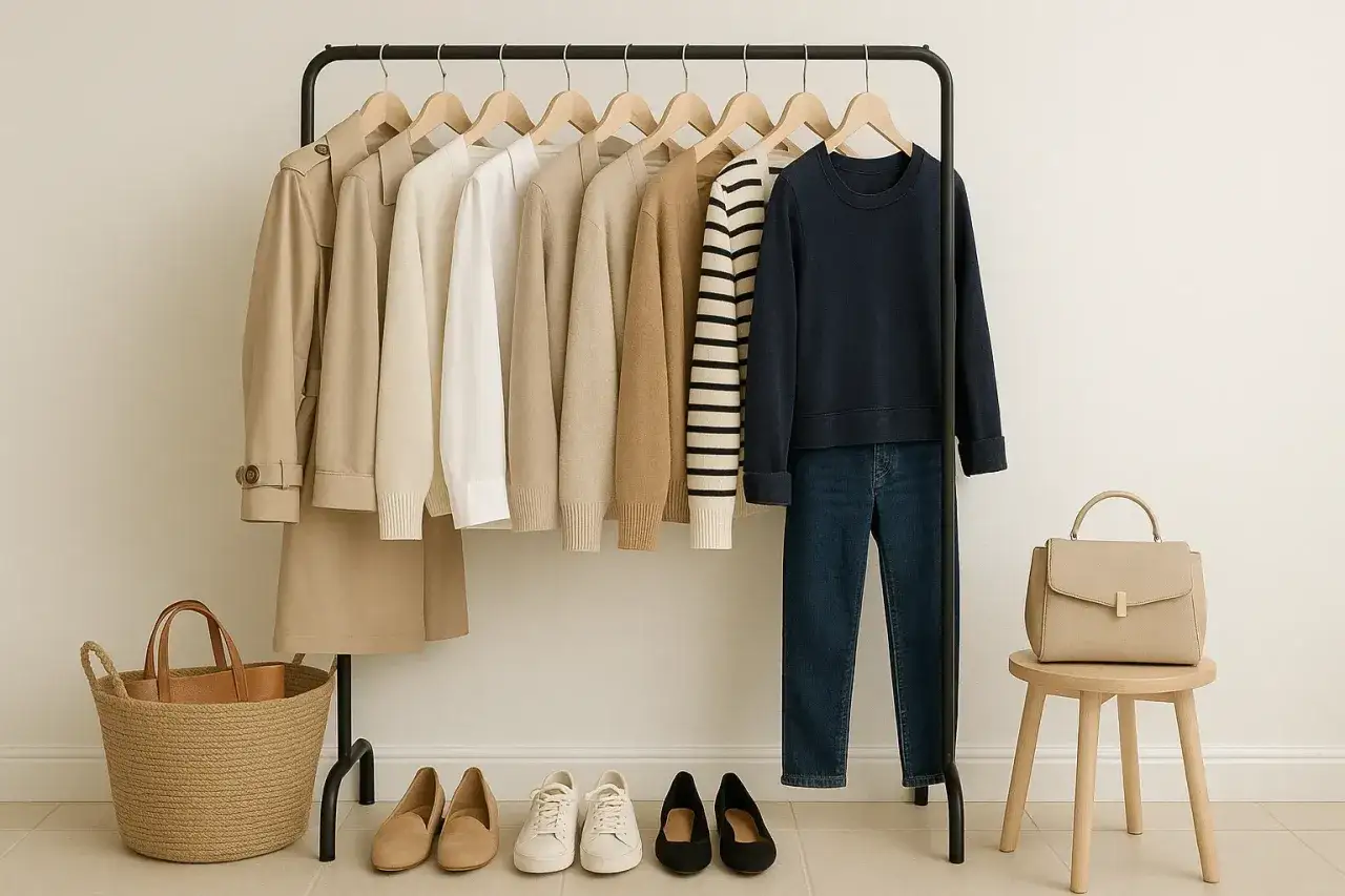 Un armario cápsula minimalista con prendas neutras, zapatos y accesorios.