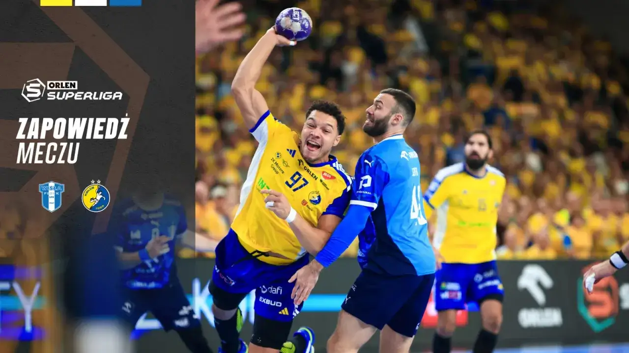 Zapowiedź meczu Vive Kielce - Wisła Płock. Piłkarz w żółtej koszulce z numerem 97 rzuca piłkę, broniony przez zawodnika w niebieskiej.