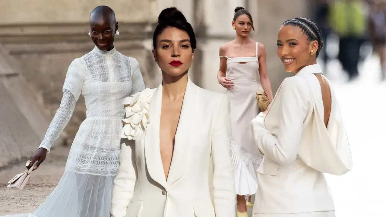 Vier Frauen in eleganten wei&szlig;en Outfits, inspiriert von casual chic hochzeit frauen. Spitze, Blazer und Kleider zeigen moderne Brautmode.
