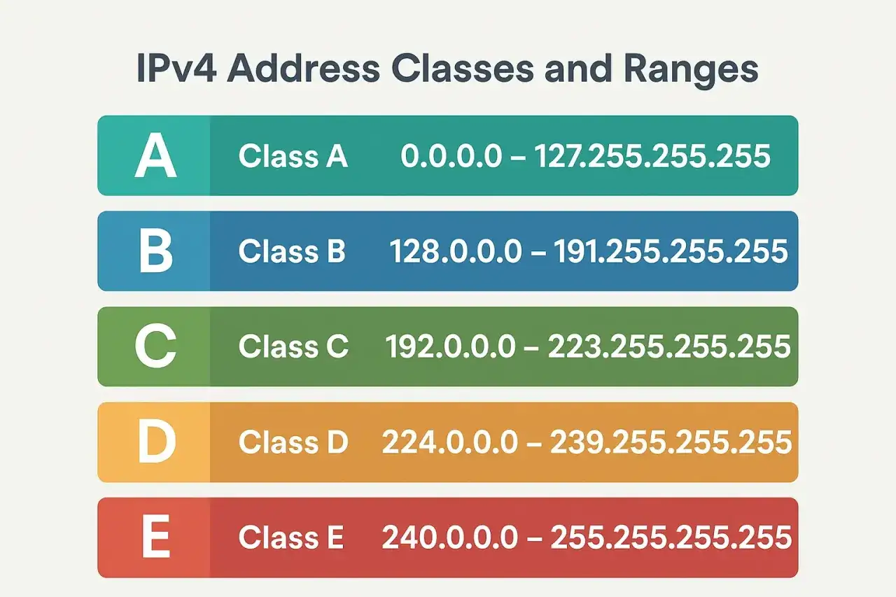 Tabela przedstawia klasy adres&oacute;w IPv4: A (0.0.0.0-127.255.255.255), B (128.0.0.0-191.255.255.255), C (192.0.0.0-223.255.255.255), D (224.0.0.0-239.255.255.255) i E (240.0.0.0-255.255.255.255).
