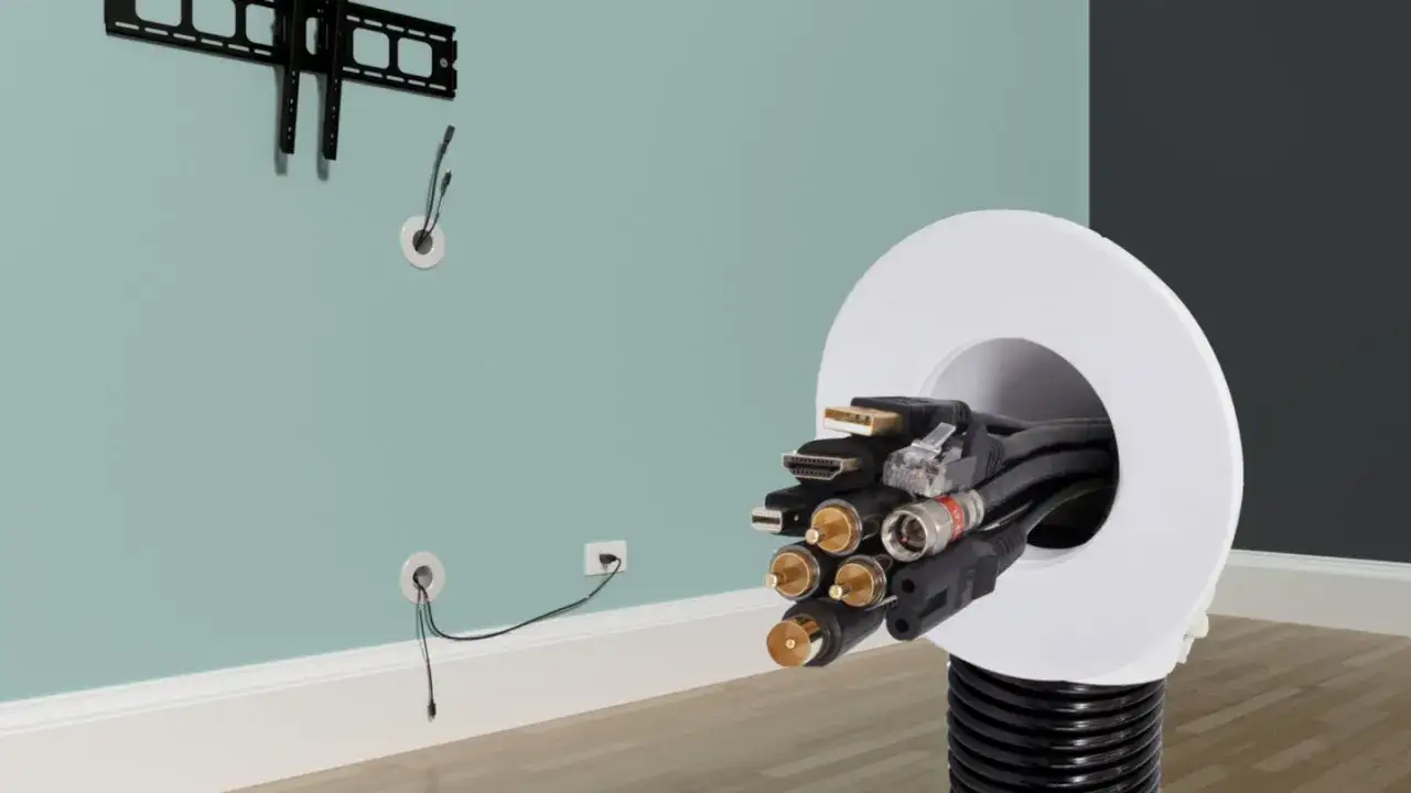 Jak zamaskować kable na ścianie? Widać uchwyt do TV, otwory w ścianie i pęk kabli HDMI, sieciowych i zasilających wychodzący z maskownicy.