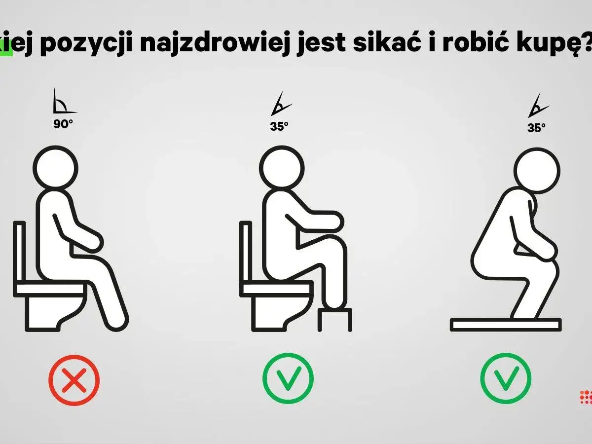 Unikaj pozycji 90 stopni na toalecie, by nie pogarszać hemoroid&oacute;w. Lepsze są pozycje 35 stopni, jak na zdjęciu.