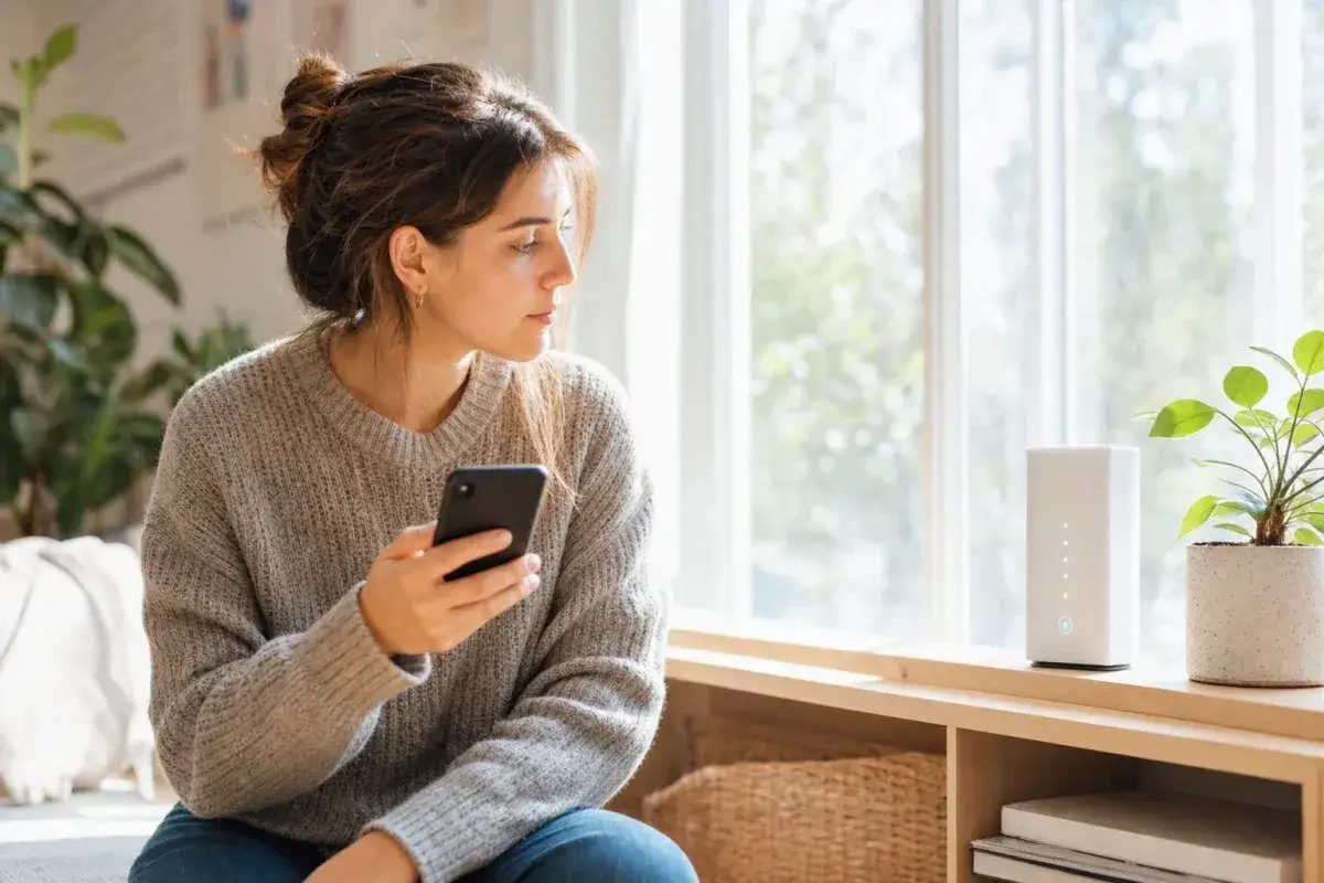 Femme tenant un smartphone, &agrave; c&ocirc;t&eacute; d'une box internet. Elle cherche des informations sur le service consommateur Bouygues Telecom m&eacute;diateur.