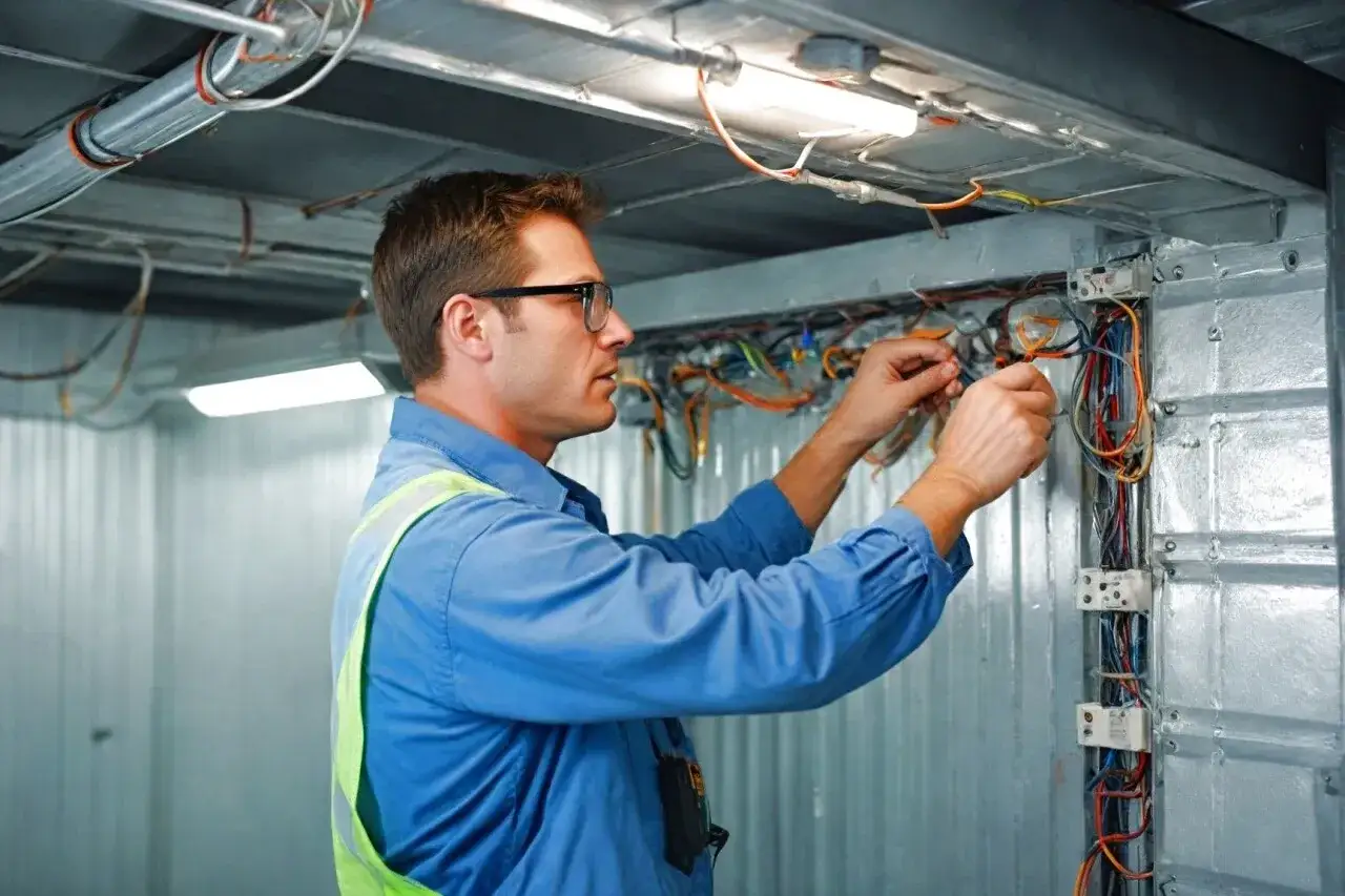 Elektryk pracuje nad instalacją elektryczną w garażu, łącząc przewody.