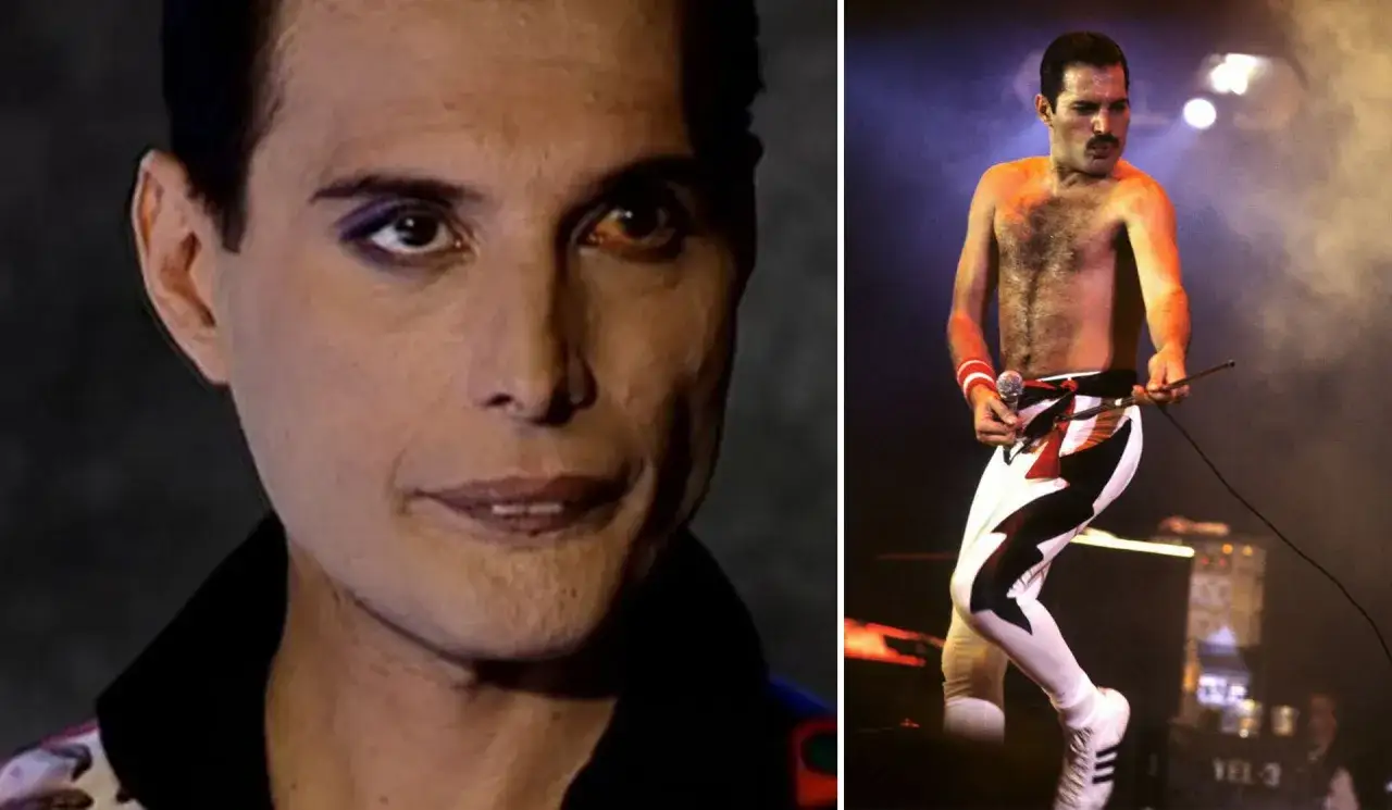 Freddie Mercury, kiedy zmarł, wyglądał inaczej niż na scenie. Na zdjęciu widać jego twarz z makijażem i sylwetkę podczas występu.
