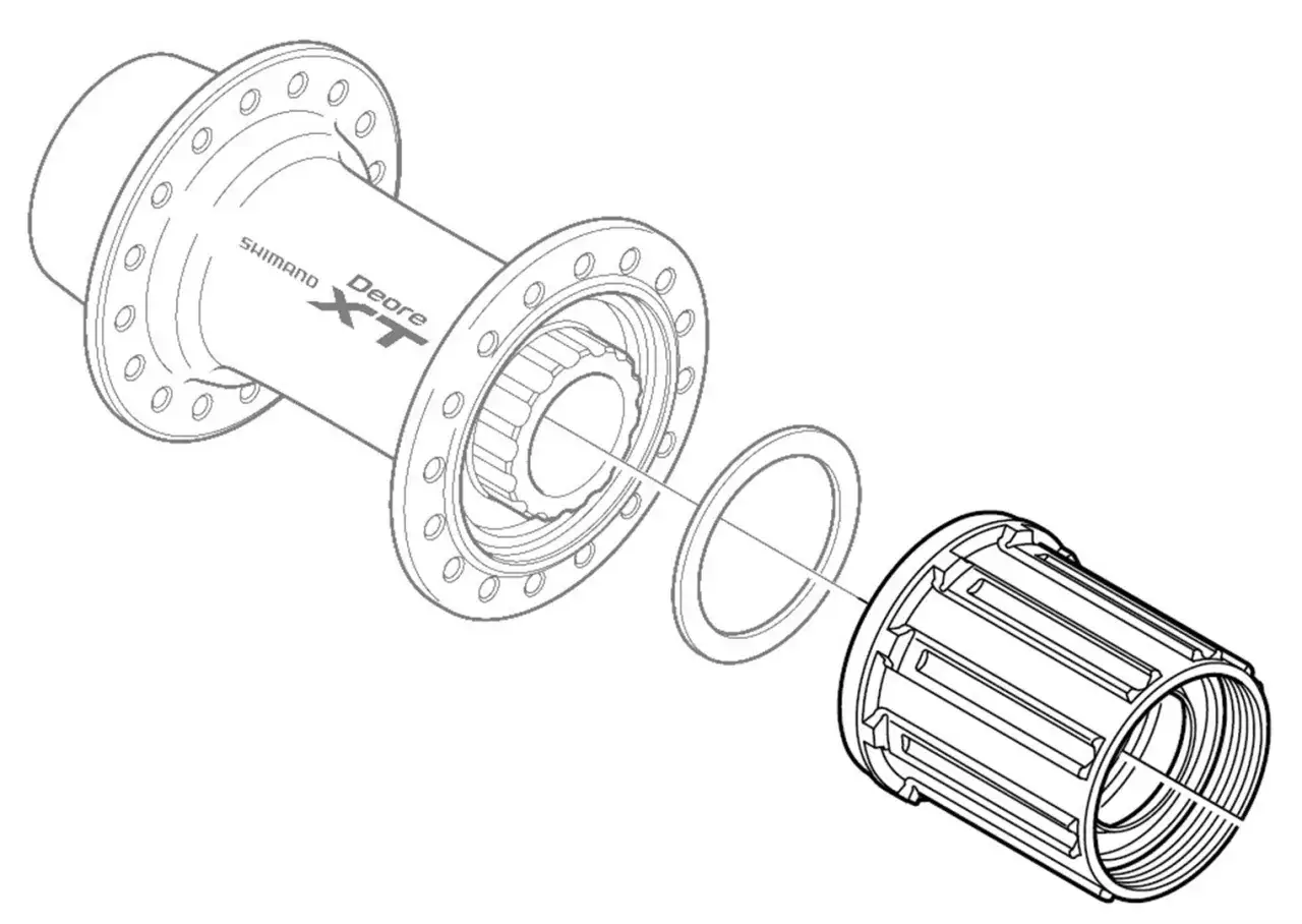 Ilustracja pokazuje piastę Shimano Deore XT i bębenek, kluczowe elementy do zrozumienia, jak dobrać bębenek do piasty.