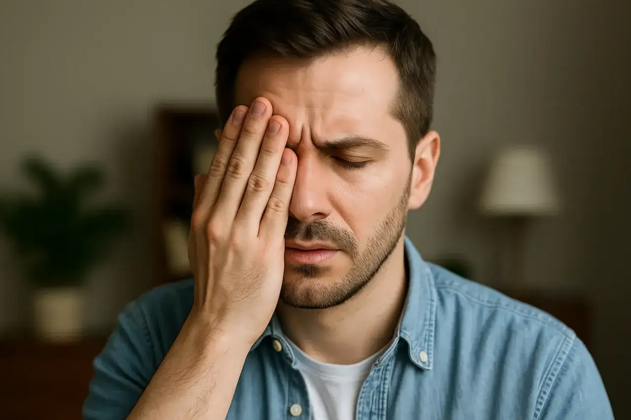 Uomo con mano sull'occhio, espressione di stanchezza o dolore. L'angolo visivo &egrave; ristretto, focalizzato sul disagio.
