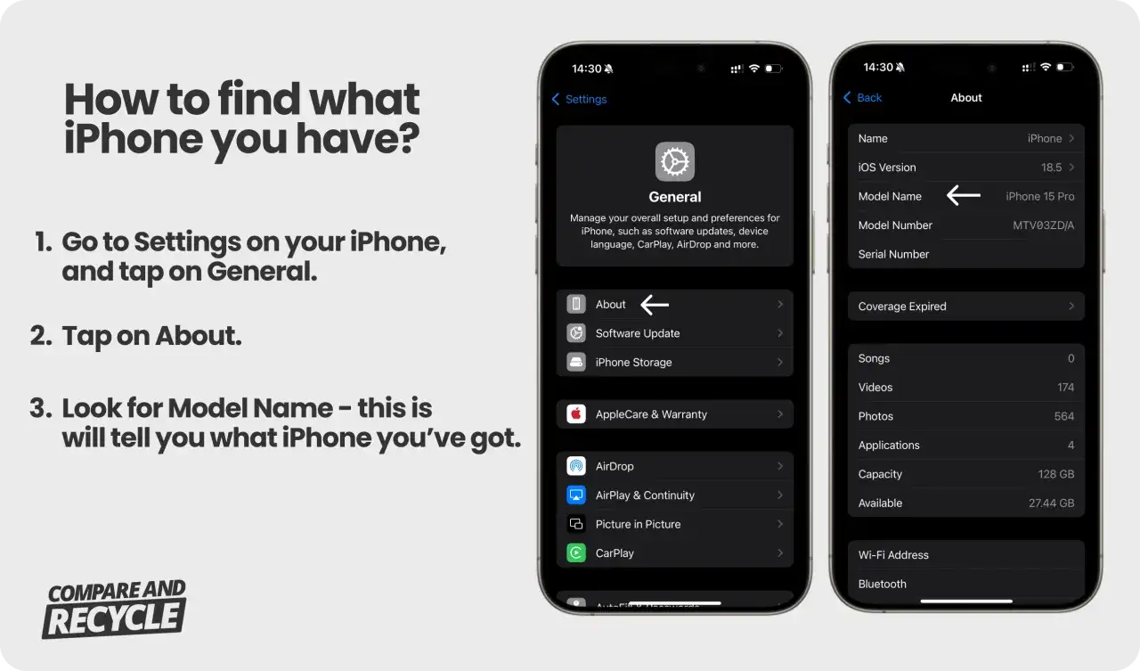 Jak sprawdzić, jaki mam model telefonu? Na ekranie iPhone'a 15 Pro w Ustawieniach > Ogólne > To urządzenie znajdziesz nazwę modelu.