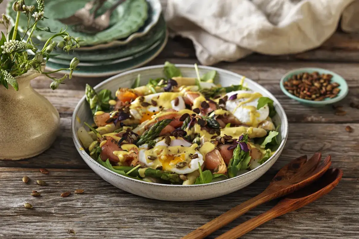 En härlig sallad med lax, pocherat ägg och sparris, perfekt för påsk.