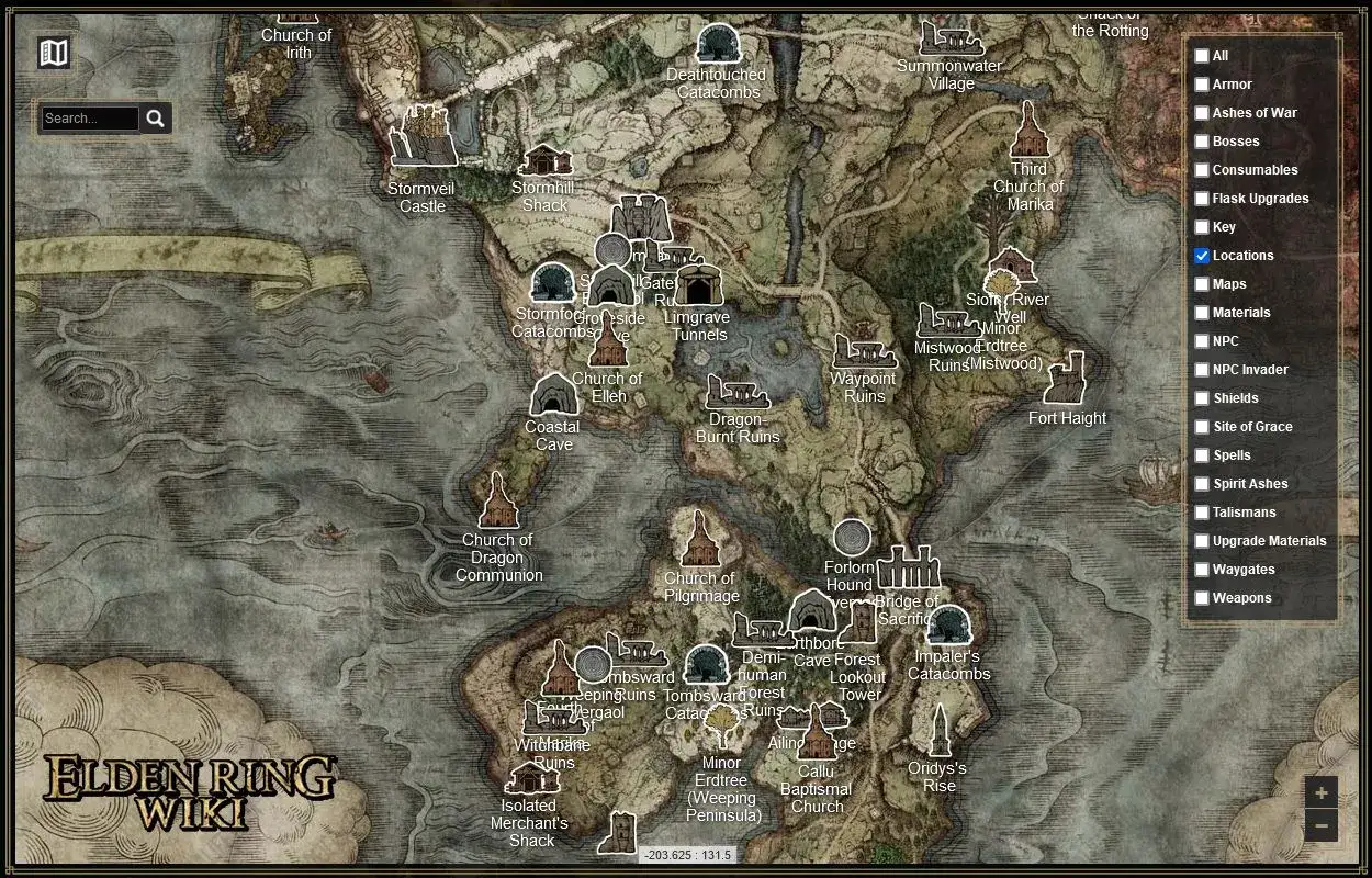 Mapa Elden Ring z zaznaczonymi lokacjami, takimi jak Stormveil Castle, Church of Elleh i Limgrave Tunnels.