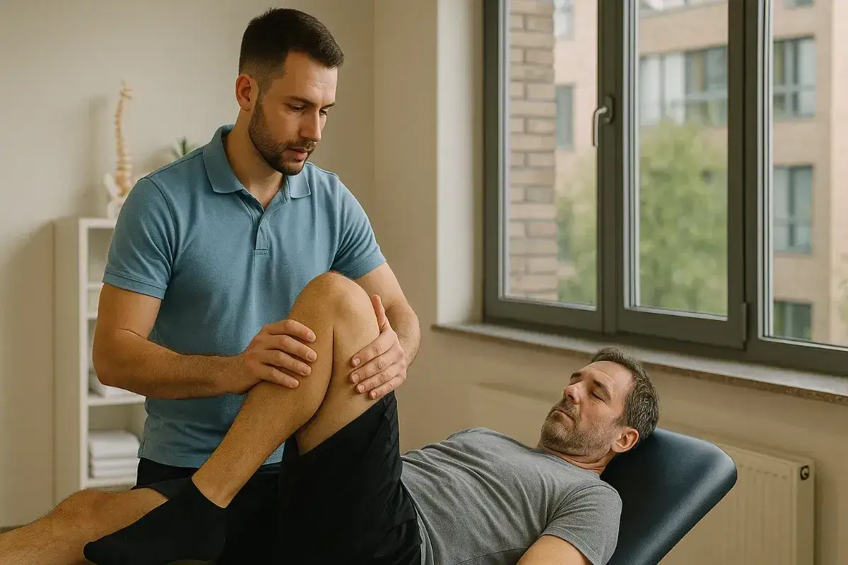 Fizjoterapeuta wykonuje zabieg pinoterapii na kolanie pacjenta leżącego na kozetce.