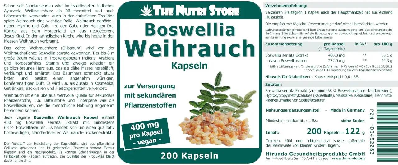 Vegane Boswellia Weihrauch Kapseln mit 400 mg Extrakt zur Versorgung mit sekund&auml;ren Pflanzenstoffen.