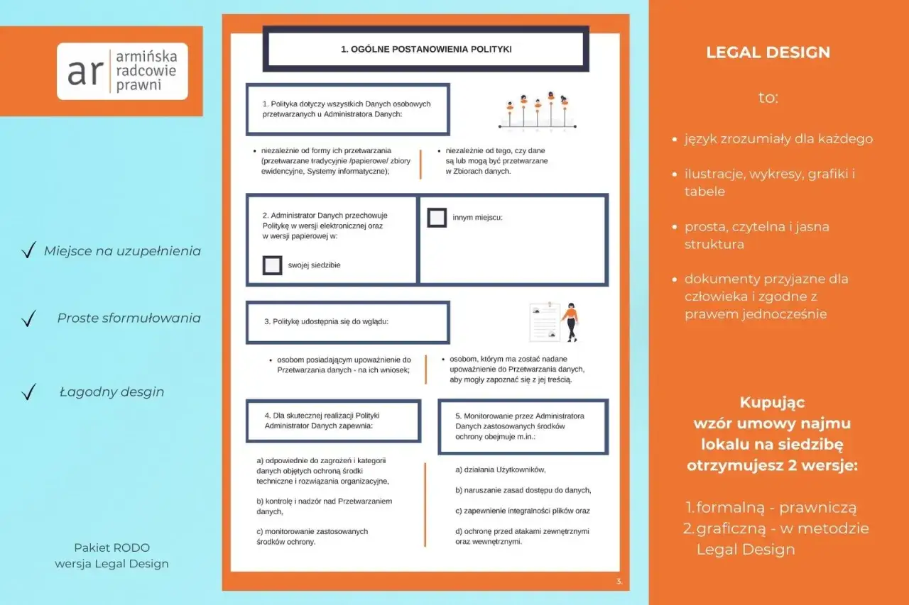Ochrona danych osobowych w firmie: polityka, przechowywanie, udostępnianie i monitorowanie. Pakiet RODO w wersji Legal Design.