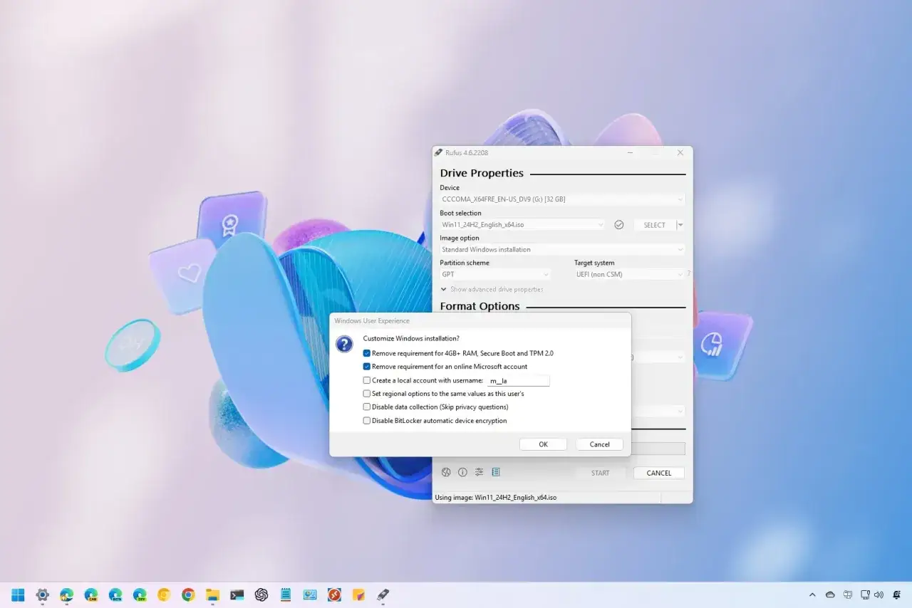 Rufus bereitet ein **Windows 11 Lite** Image vor, indem es Anforderungen wie RAM und TPM entfernt.