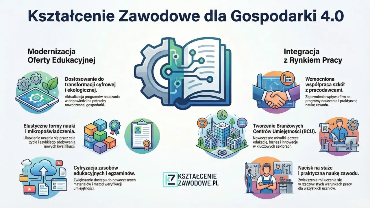 Kształcenie zawodowe dla gospodarki 4.0: modernizacja oferty, integracja z rynkiem pracy, nacisk na staże i praktyczną naukę zawodu, rozwijanie kompetencji twardych.