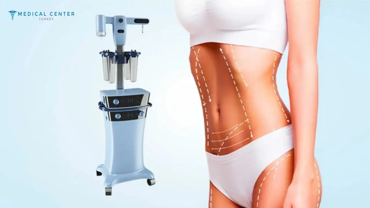Macchina per **vaser lipo** e figura femminile con linee che indicano il contorno del corpo.