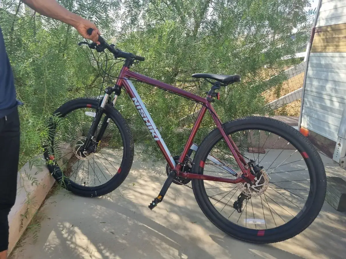 A maroon Nishiki Colorado mountain bike with disc brakes stands ready for adventure.
