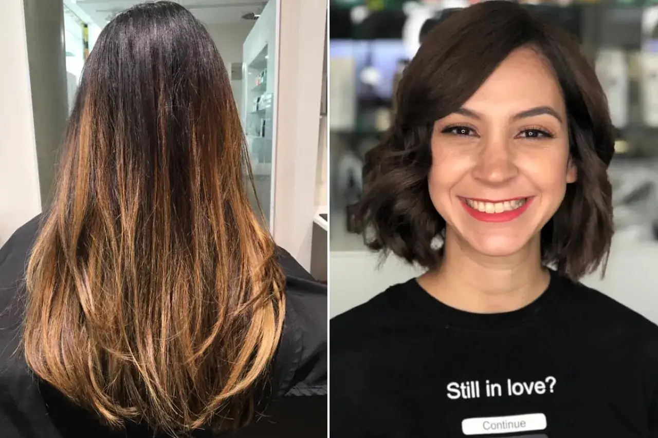 Vorher-nachher-Vergleich: Lange Haare verwandeln sich in einen stilvollen, welligen long bob.