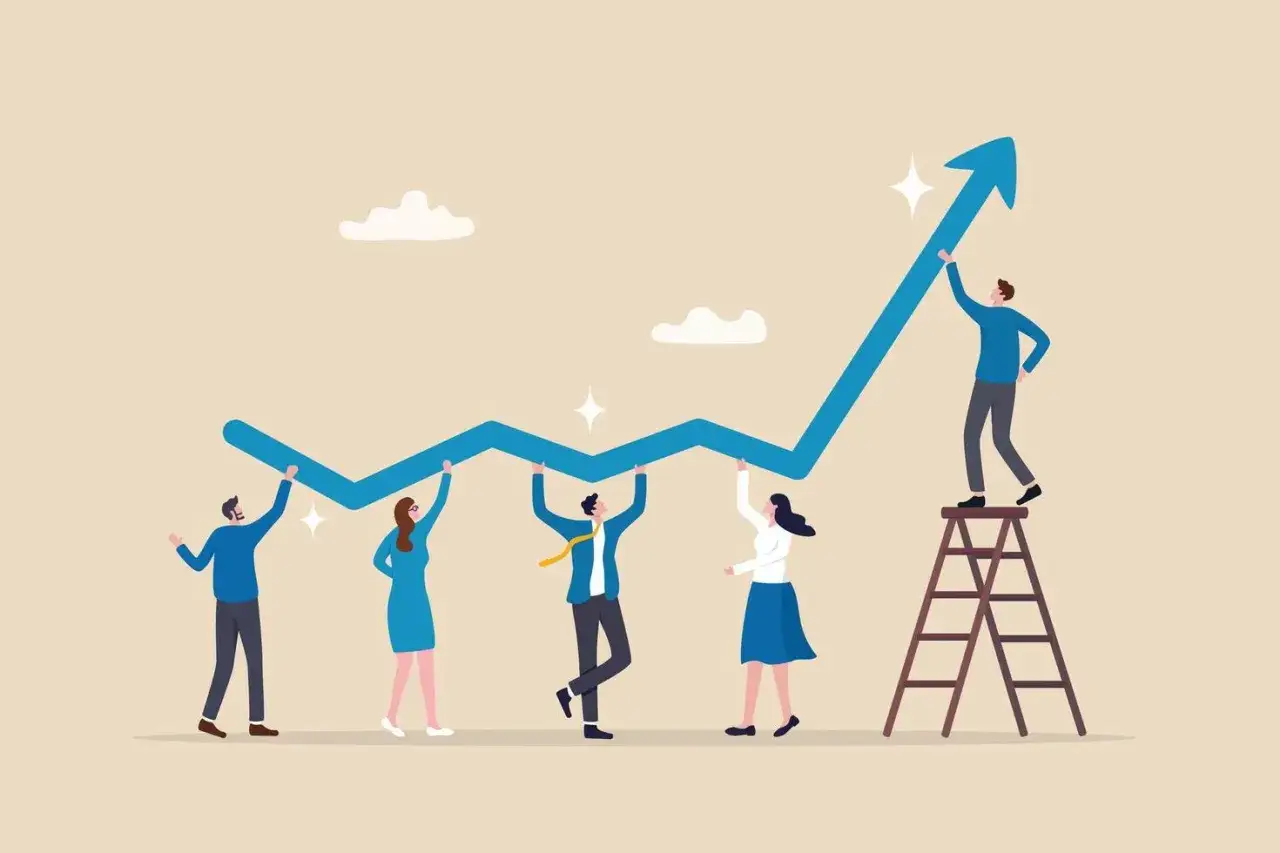 Teamwork lifts a rising graph, symbolizing effective performance management and growth.