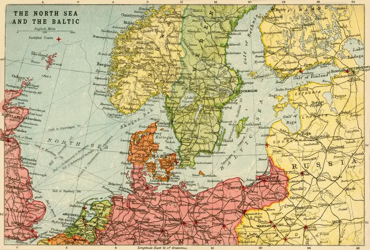 Mappa del mare del Nord e del Baltico, che mostra la posizione di questi mari tra Scandinavia, Gran Bretagna, Danimarca e Germania.