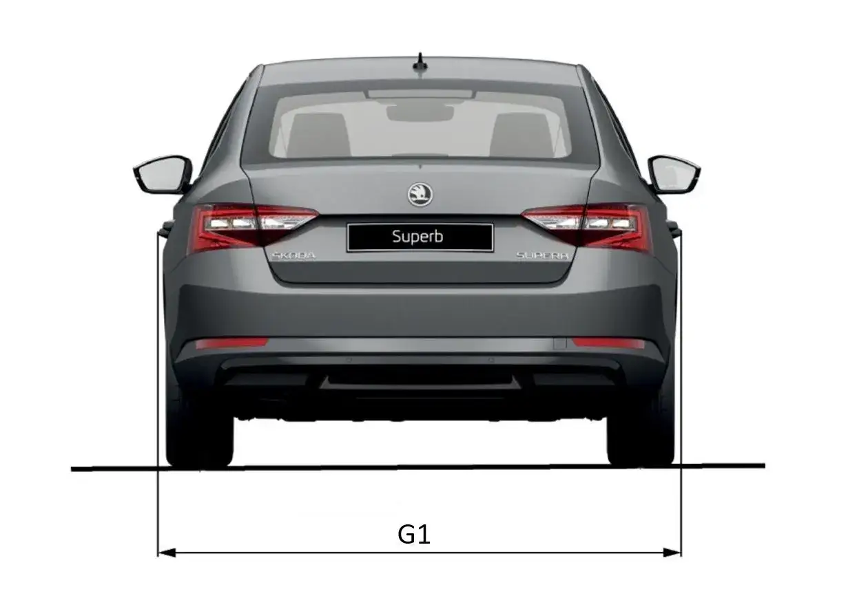 Grauer Skoda Superb von hinten, mit Ma&szlig;angabe G1 f&uuml;r die pkw breite.