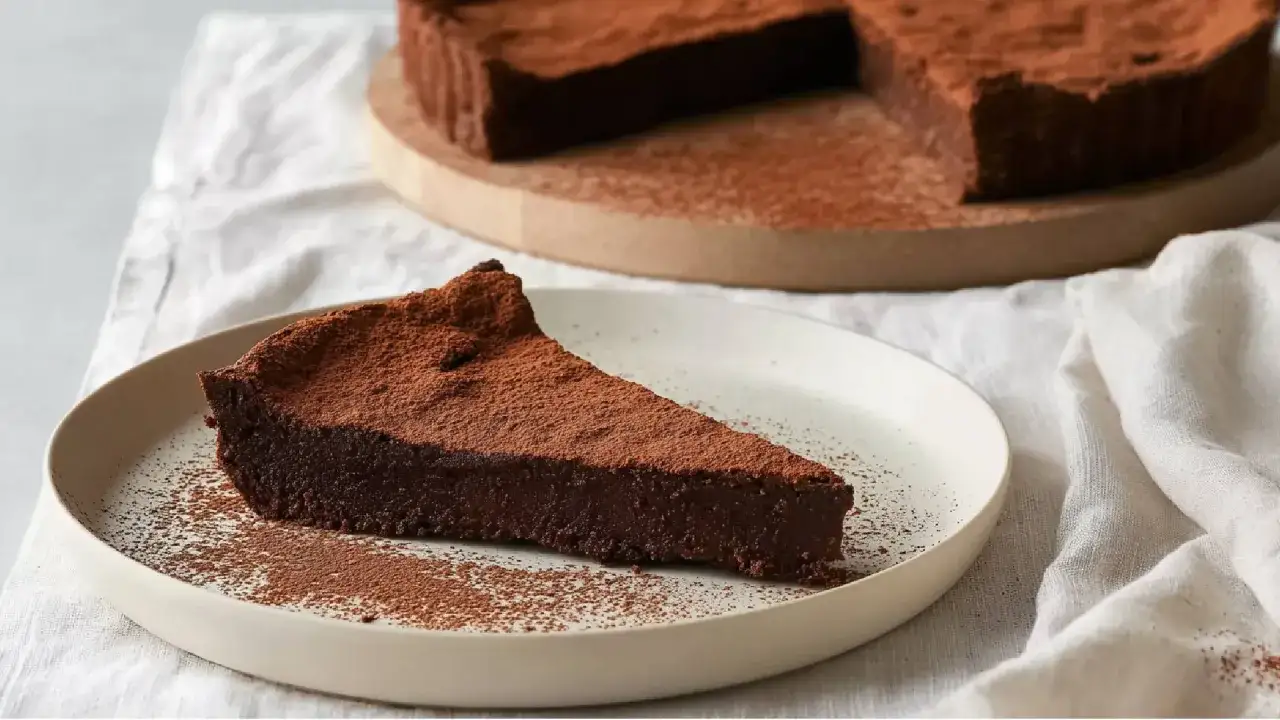 Ein St&uuml;ck Tarte au Chocolat, best&auml;ubt mit Kakaopulver. Das Originalrezept f&uuml;r diese k&ouml;stliche Schokoladentorte.