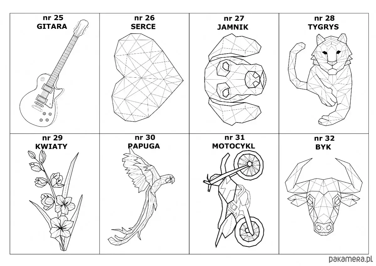 Zestaw szablon&oacute;w string art: gitara, serce, jamnik, tygrys, kwiaty, papuga, motocykl, byk. Idealne do tworzenia własnych dzieł.